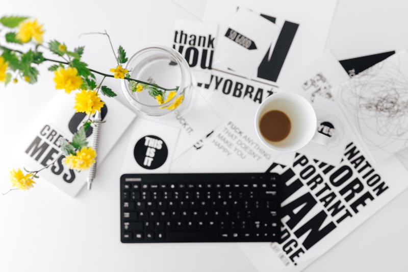 indoors, cup, home office, keyboard, type, workspace, typing, mug, studio shot, scandinavian, blogger, minimal, desk, directly above, glass, coffee cup