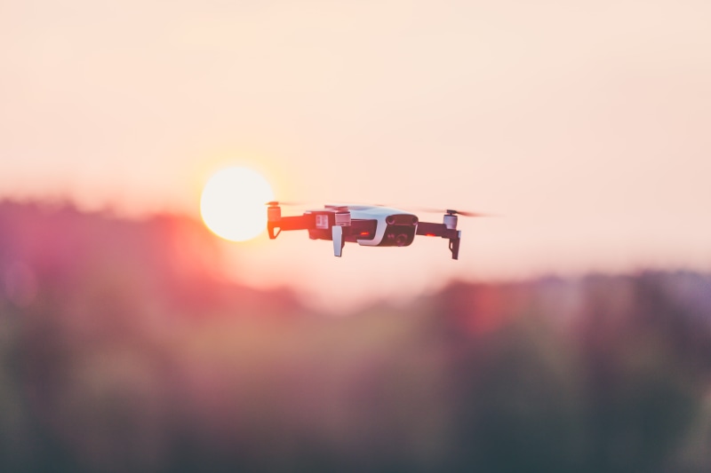 selective, surveillance, nature, drone, mid-air, flight, futuristic, security, photography, tree, sunrise, focus on foreground, 5K, focus, motion, dji