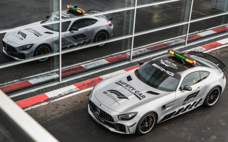 land vehicle, street, day, safety car, city, 720P, speed, racecar, Formula 1, no people, road, travel, motor racing track, car, Mercedes-AMG GT, auto racing