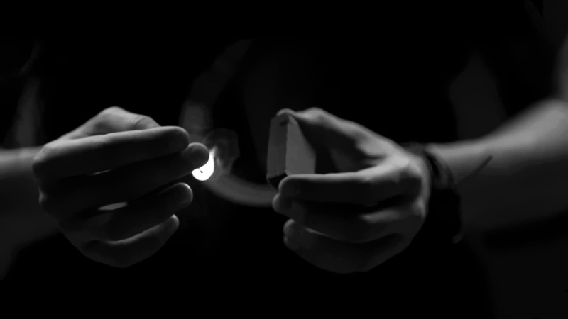 black background, studio shot, indoors, matches, close-up, match, selective focus, hands, nail, body part, human body part, hand, person, finger, holding