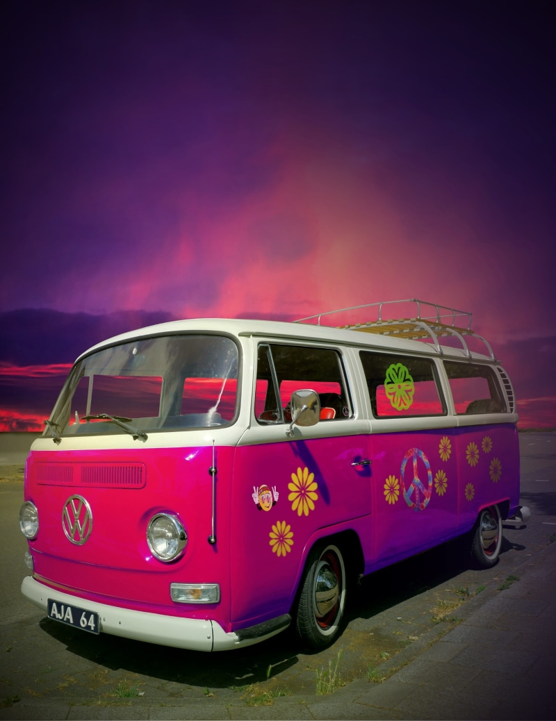 no people, motor vehicle, mode of transportation, retro styled, sky, purple, transportation, california icon, pink color, bulli, road, volkswagenbus, sixties