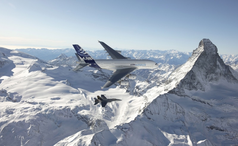 flying, sky, snow, passenger aircraft, motion, plane, mountain, day, McDonnell Douglas F/A-18 Hornet, outdoors, snowcapped mountain, Airbus A-380-861, transportation