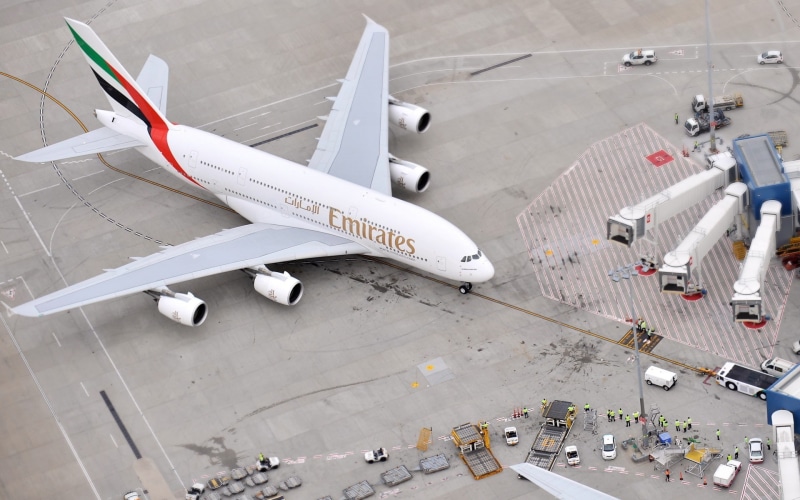 land vehicle, aerospace industry, airport runway, A380, passenger aircraft, airport, transportation, engine, travel, high angle view, mode of transportation