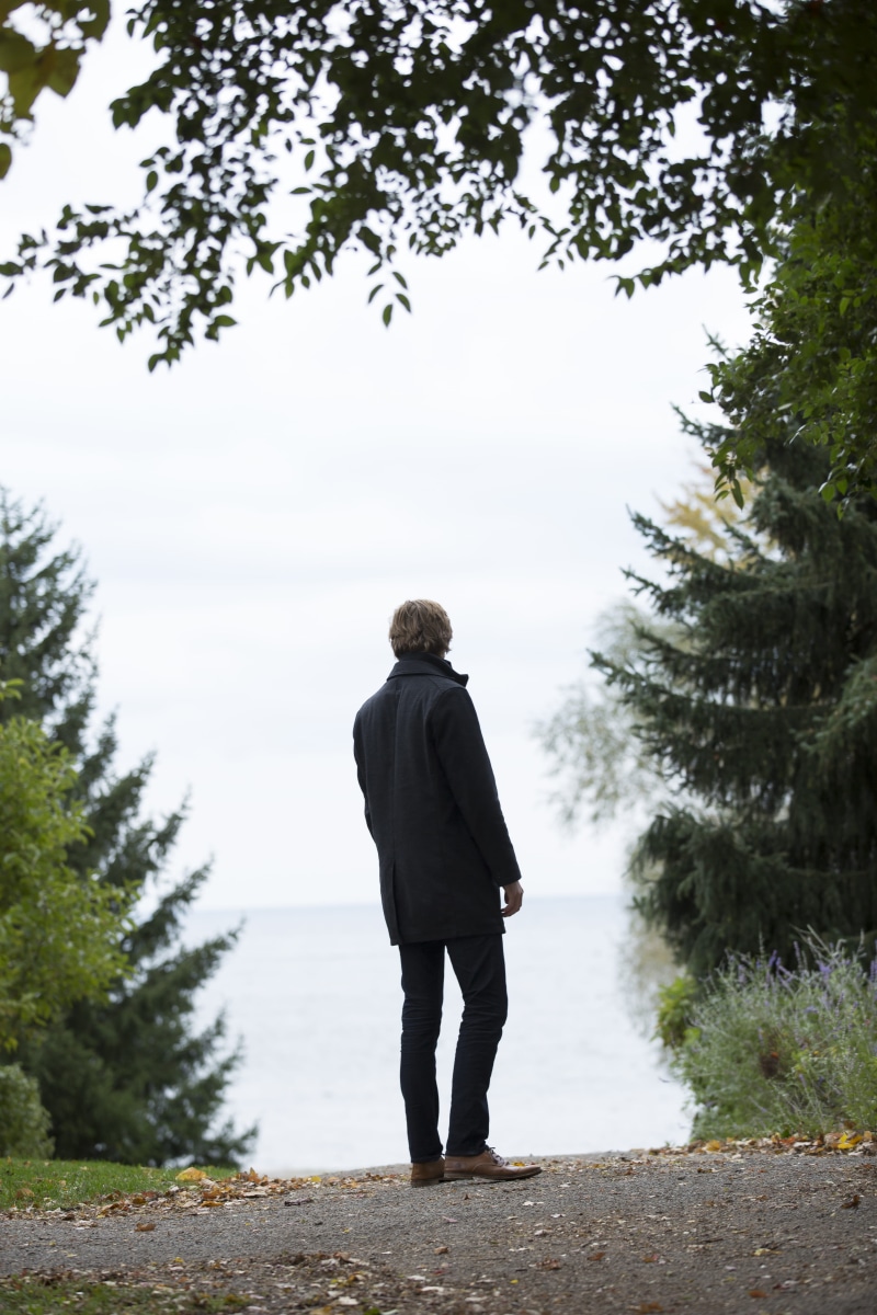 style, beauty in nature, outdoors, model, coat, 5K, one person, landscape, rear view, warm clothing, real people, wear, growth, day, walking, tall, view