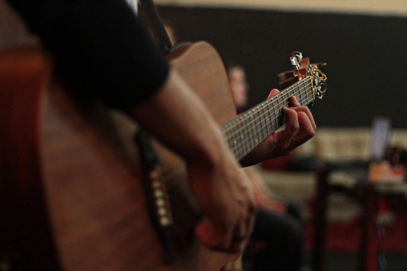 musical instrument, selective focus, human body part, person, crystal, blossom, hand, daisies, artist, rock music, pop musician, string instrument, lute