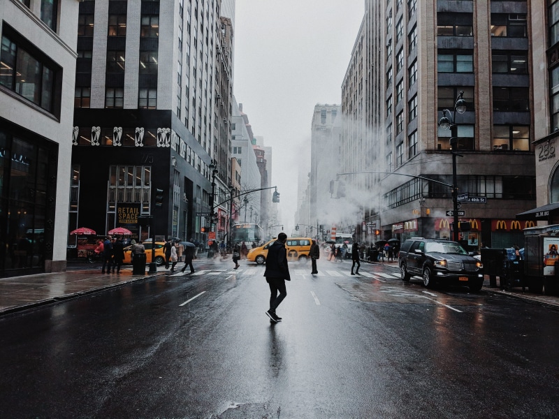 standing, raining, day, people, 4K, road, rain, travel, person, motor vehicle, real people, walk, black, office building exterior, diminishing perspective