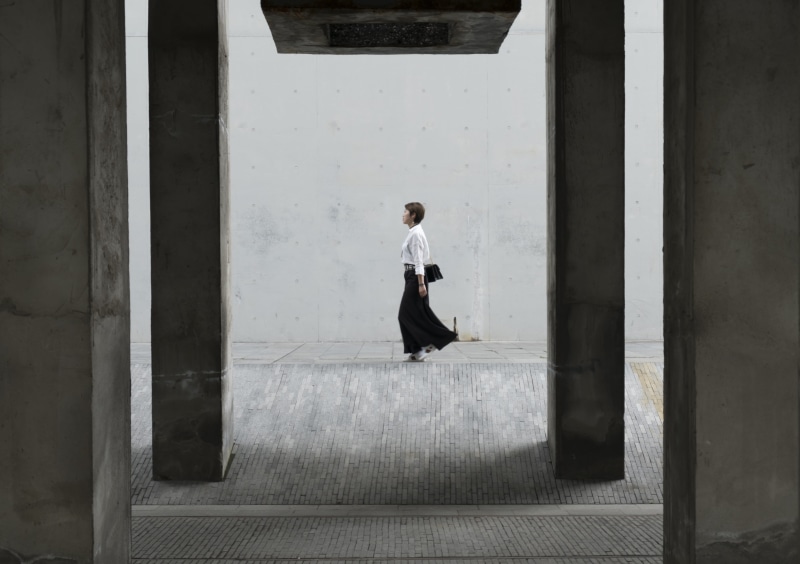 walking, women, black, frame, near, casual clothing, wall, day, long, sitting, standing, built structure, bridge, one person, architectural column, real people