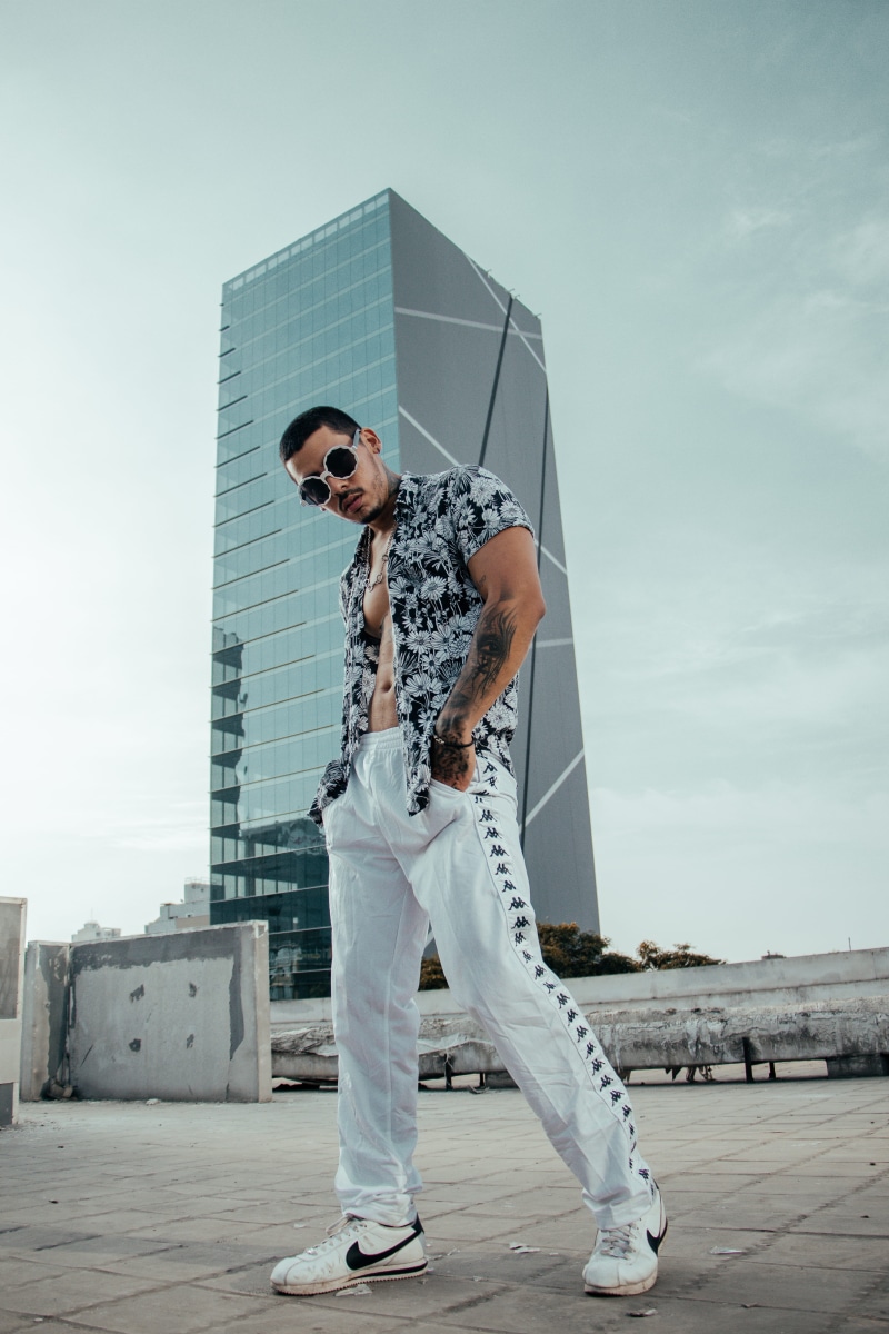 fashion, man, shirt, button, near, full length, t, sky, black, floor, 5K, building, gray, white, standing, building exterior, casual clothing, sunglasses
