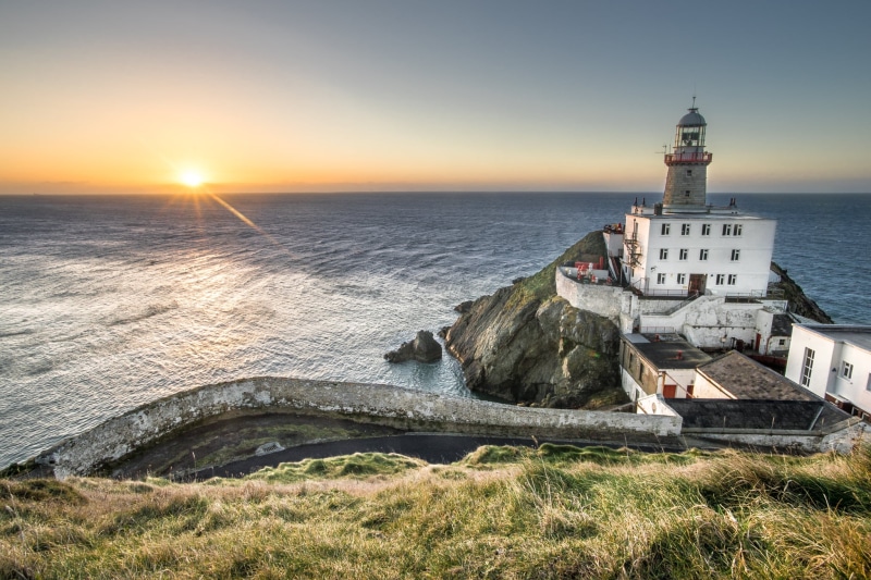 body, motion, building, famous Place, photo, sea, clouds, Sunrise, sunset, cliff, lighthouse, composition, Baily lighthouse, water, gray, ireland, 1080P