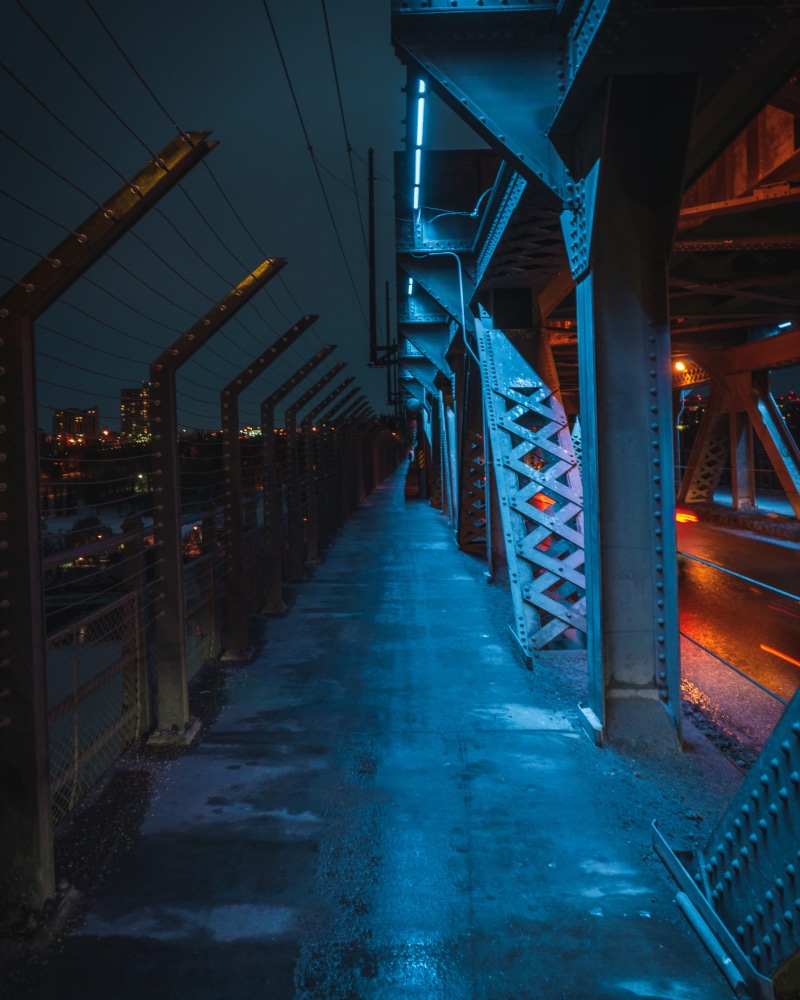4K, port, blue, pier, connection, handrail, way, bridge - man made structure, no people, the way forward, nightscape, cyber punk, grey, transportation