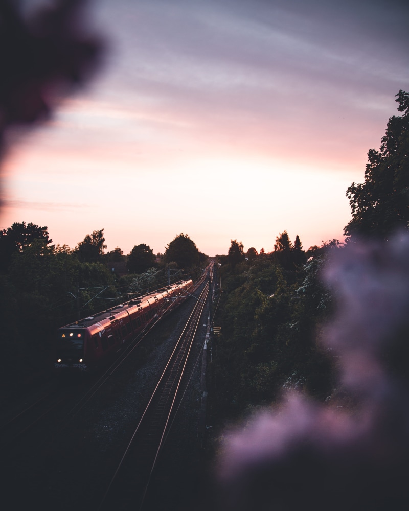 high angle view, sunset, cloud - sky, photo, orange, motion, blur, nature, sky, trees, sun, photography, focus, train, on the move, plant, flower, no people