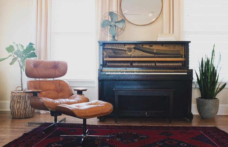 furniture, brown, glider, seat, 4K, armchair, black, table, home, indoors, potted plant, window, padded, leather, living room, apartment, room, piano