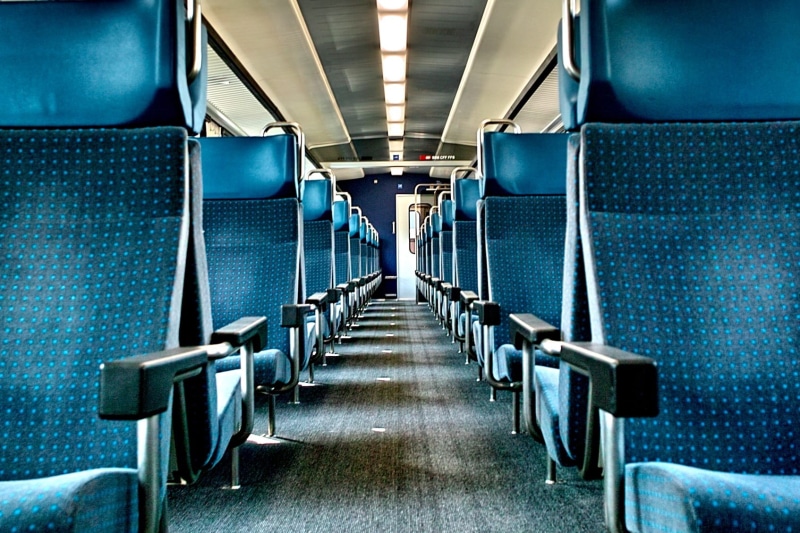transportation, seats, travel, metal, empty train, gray, no people, architecture, vehicle seat, the way forward, blue, public, journey, in a row, absence