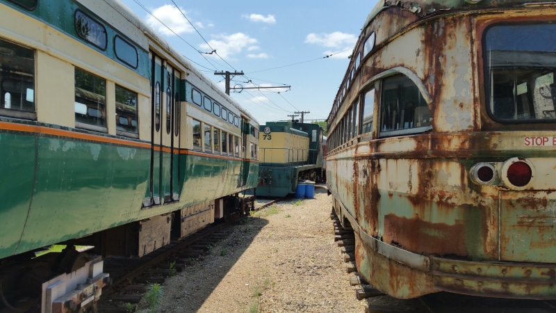 ocean view, travel, sky, antique, street car, building exterior, rail, passenger, locomotive, two, abandoned, station, trains, industrial, transport, city