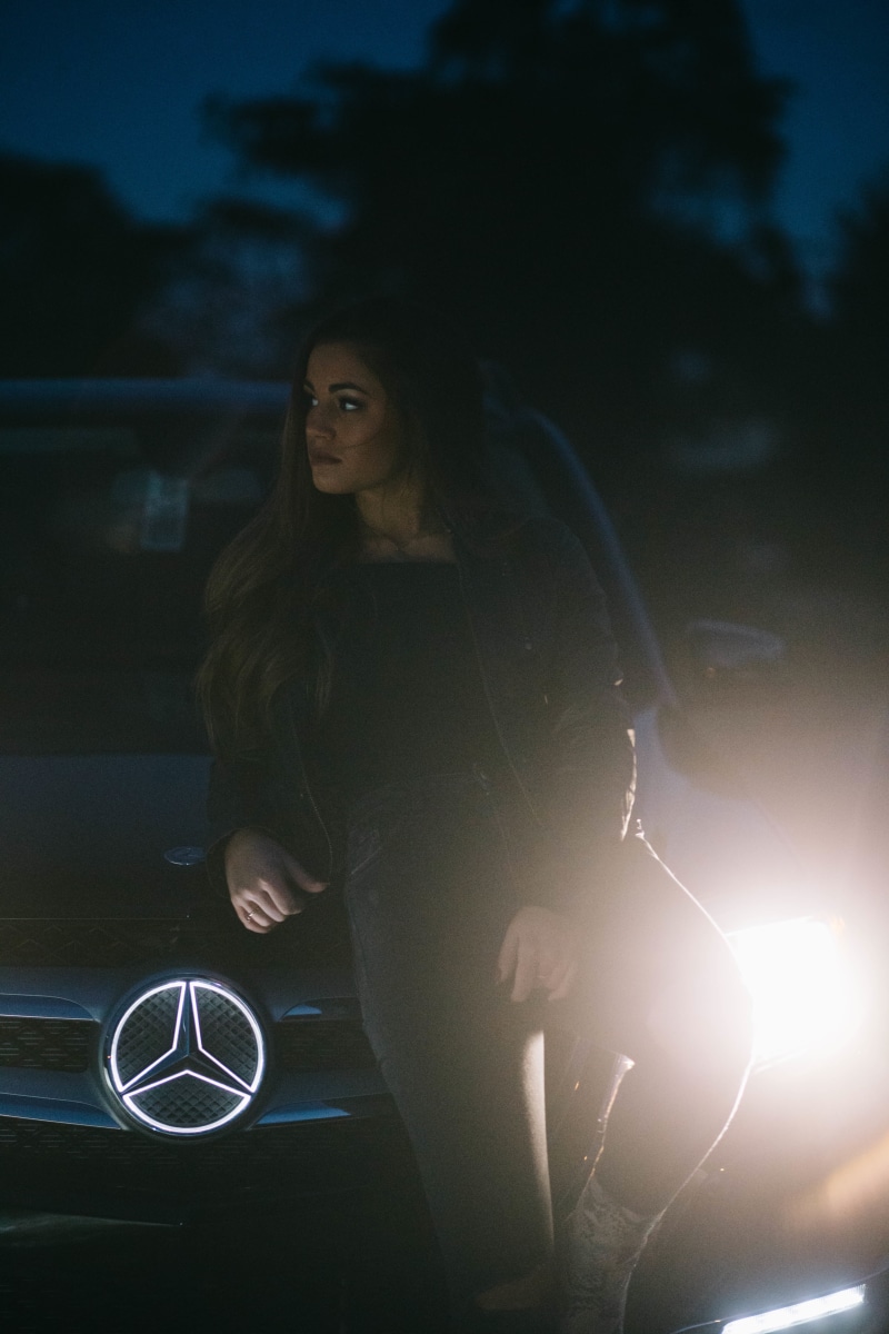 one woman only, nature, only women, transportation, real people, benz, daytime, contemplation, mercedes, adults only, leisure activity, clothing, adult