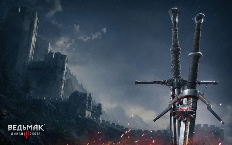1080P, The Witcher, Art, The Witcher 3: Wild Hunt, characters, Sword, The Wild Hunt, White wolf, swords, CD Projekt RED, medallion, Geralt
