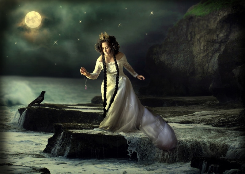 ocean, bird, loli, rock, Dark, fantasy, Medallion, dress, clothing, storm, fashion, sea, standing, one person, 1080P, full length, young adult, motion