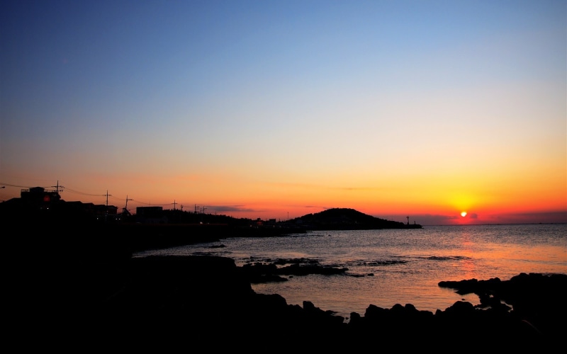 island, korea, sea, no people, scenery, copy space, clear sky, nature, orange color, silhouette, sunset, 1080P, beauty in nature, idyllic, water