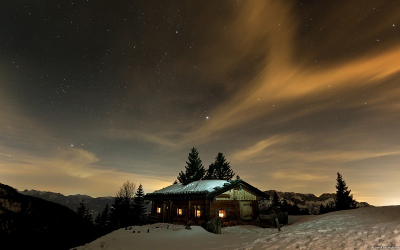 cottage, night, snow, star - space, astronomy, house, tranquility, hd, sky, 1080P, tree, building exterior, beauty in nature, building, germany