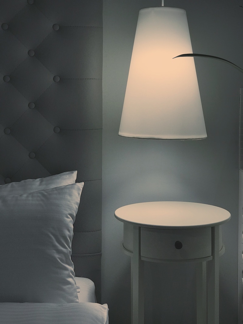 lampshade, bedroom, cushion, side table, side, room, ceiling light, table, absence, pendant, bed, electric lamp, lamp shade, pillow, lighting equipment