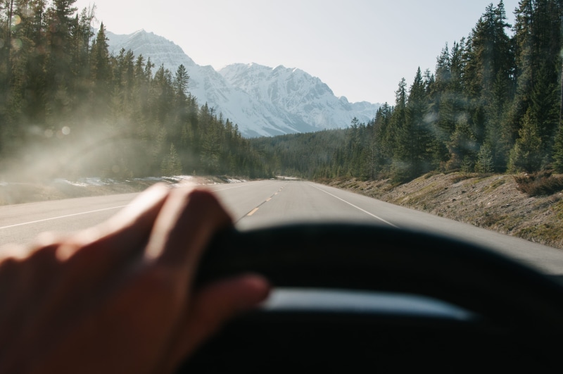 forest, mountain, land vehicle, camping, adventure, steering wheel, road, road trip, scenics - nature, 4K, non-urban scene, explore, tree, human hand