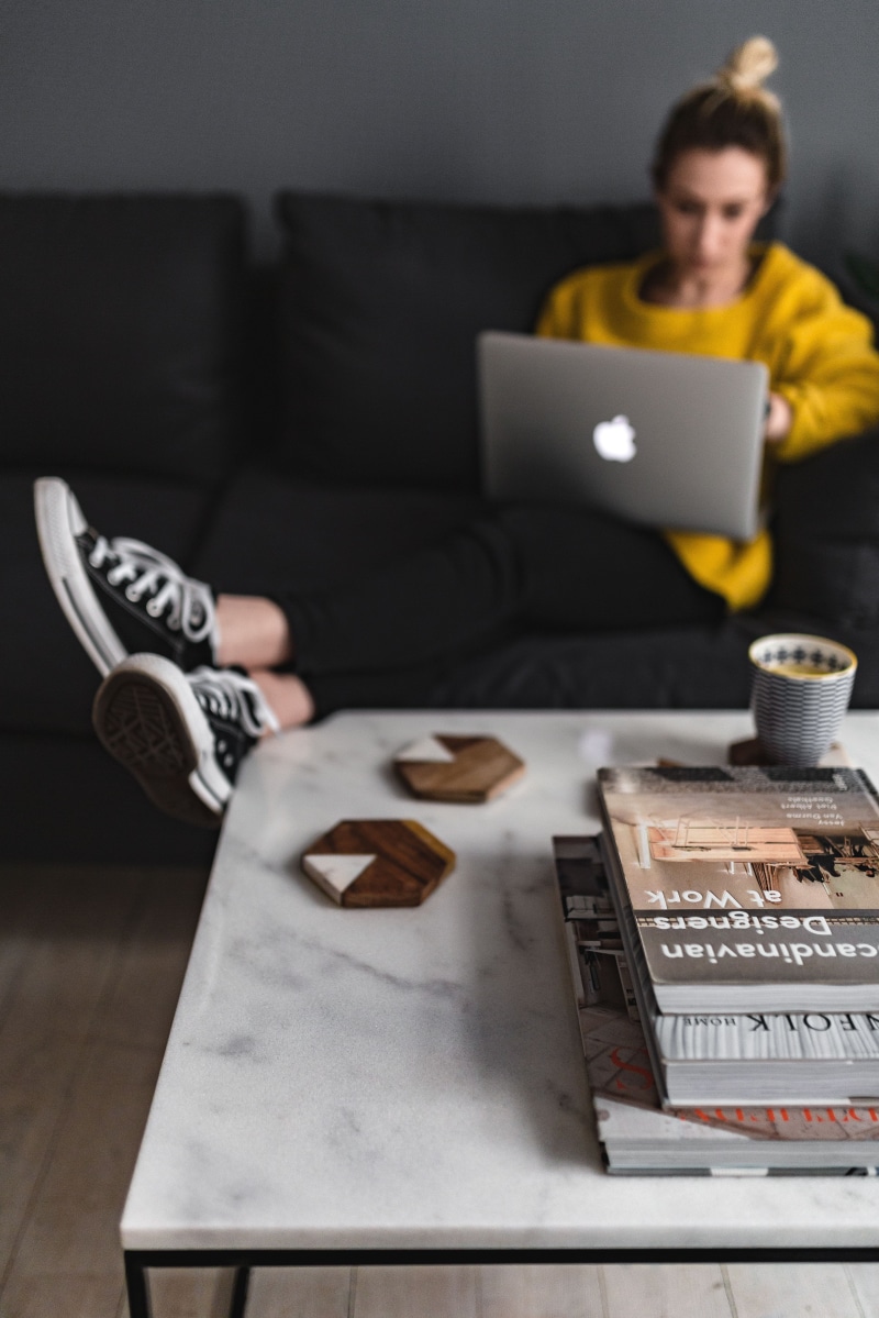 blonde, drink, people, white, girl, minimal, wooden floor, women, food and drink, domestic room, domestic Life, apple macbook, coffee table, scandi, connection