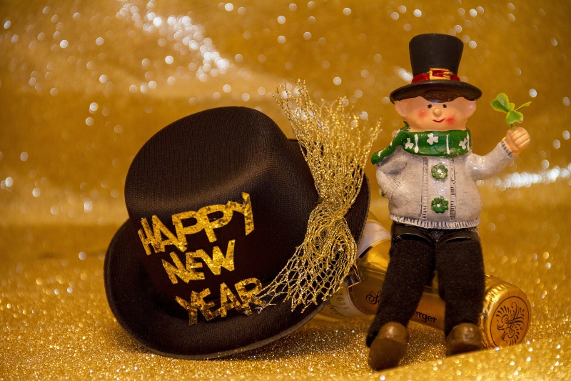 lucky charm, clothing, happy, celebration, hat, front view, new years eve, celebrate, luck, gold, annual financial statements, new year, text, child, drink