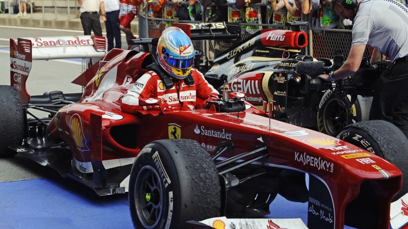 competition, motorsport, land vehicle, transportation, Formula 1, helmet, people, car, sport, wheel, Ferrari, occupation, Fernando Alonso, day, mode of transportation