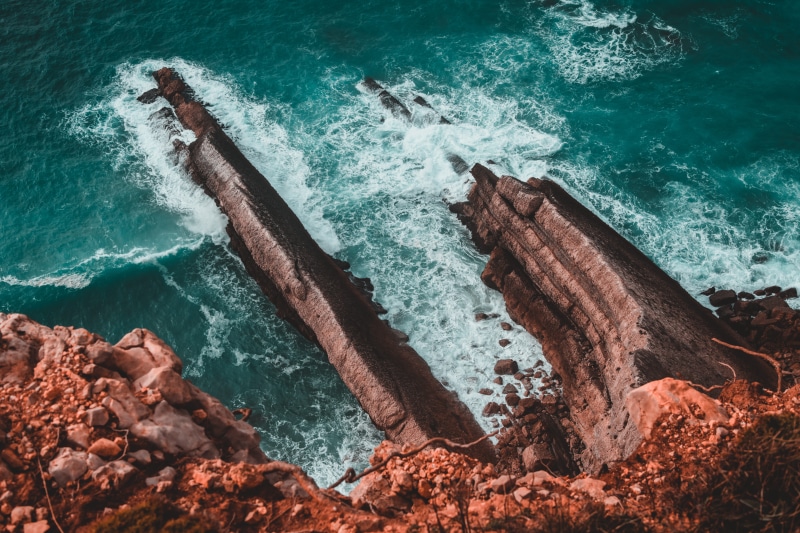 turquoise colored, motion, wood - material, no people, portugal, orange, rock - object, day, view, water, aerial, island, wave, covered, beauty in nature