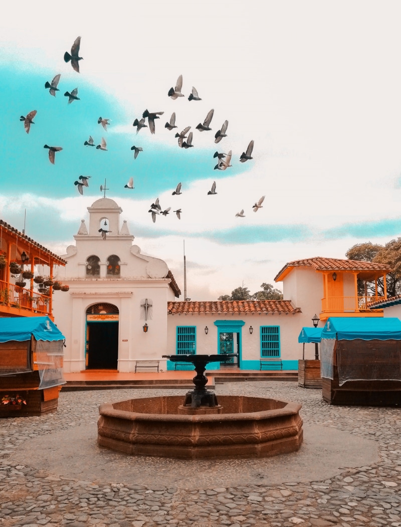 church, rural, religion, outdoors, flying, pueblito, dove, paisa, water, colombia, 4K, teal and orange, group of animals, town, sky, animal themes, animal
