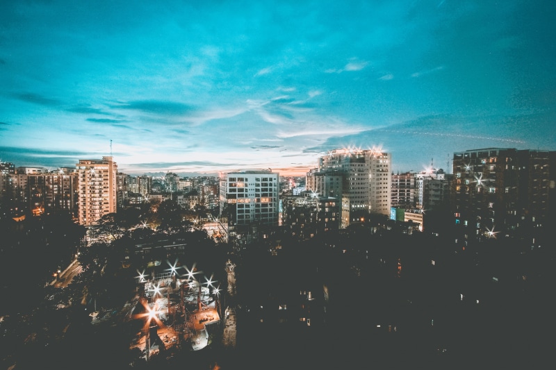 residential district, cityscape, hasin, skyscraper, built structure, 5K, cloud - sky, modern, clouds, office building exterior, teal, orange, sky, farhan