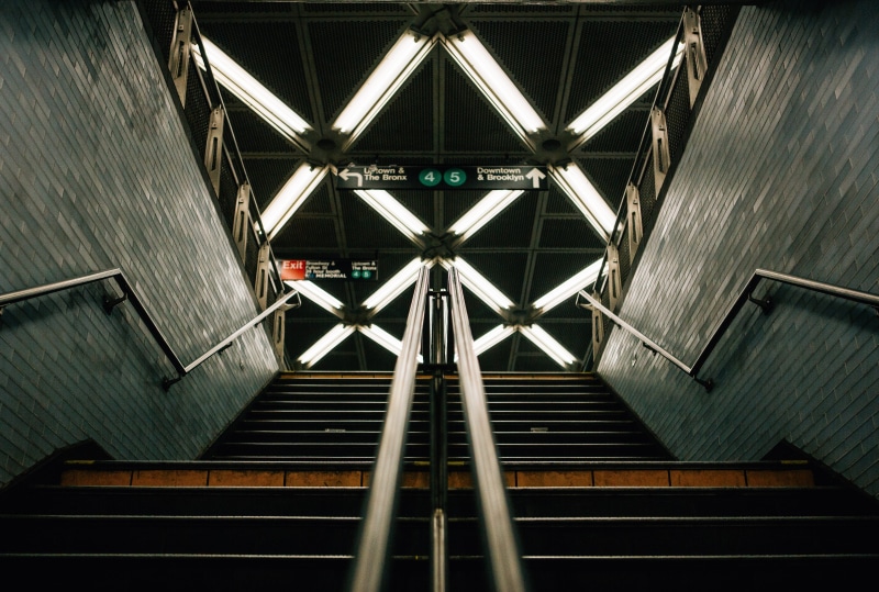 built structure, railing, public transportation, directly below, connection, transportation, low angle view, modern, steps and staircases, direction, 5K