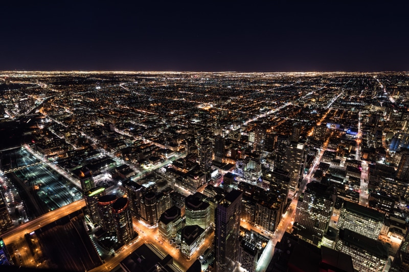 no people, urban Skyline, tower, aerial, cityscape, nighttime, built Structure, high angle view, building, night, architecture, light, traffic, 5K, aerial View