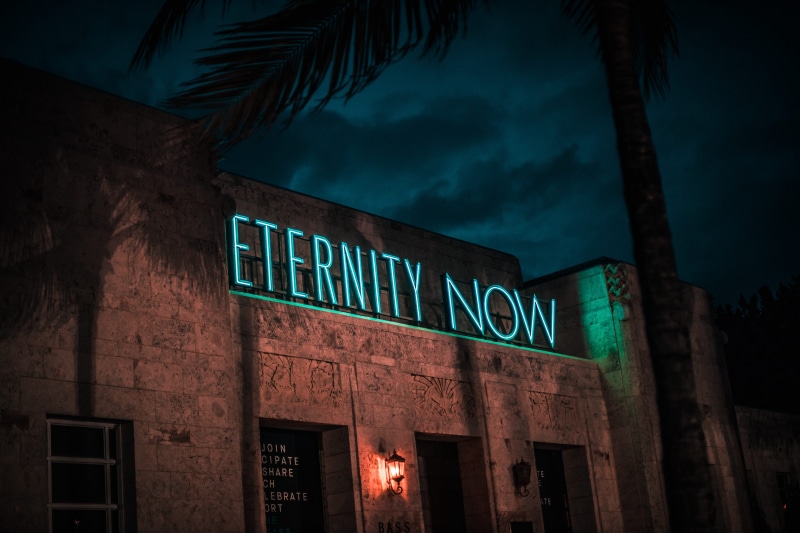 dusk, architecture, building, city, cloud, urban, low angle view, Eternity Now, palm tree, sign, illuminated, now, sky, night, western script, communication