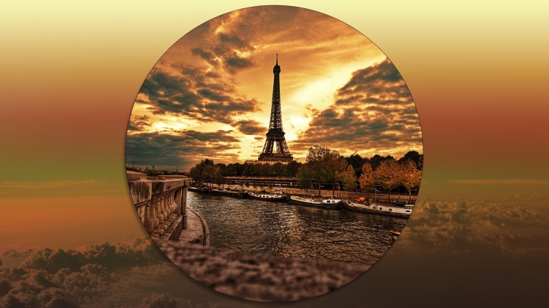 France, orange color, built structure, street view, reflection, sunset, Paris, architecture, outdoors, building exterior, sky, 1080P, tower, travel, no people