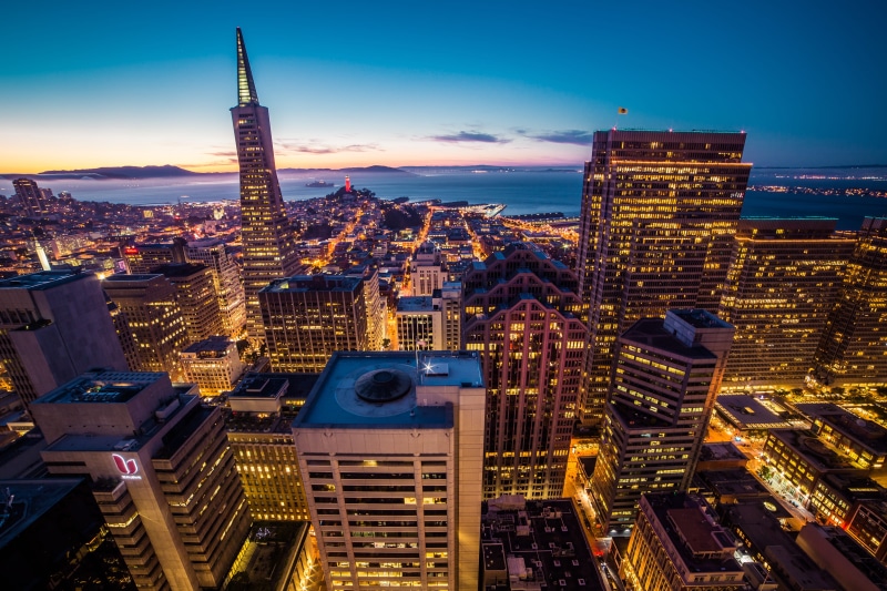 skyscraper, sunset, illuminated, skyscrapers, tall - high, sky, 4K, roofs, city life, tower, francisco, cityscape, sea, sf bay, dark, usa, california