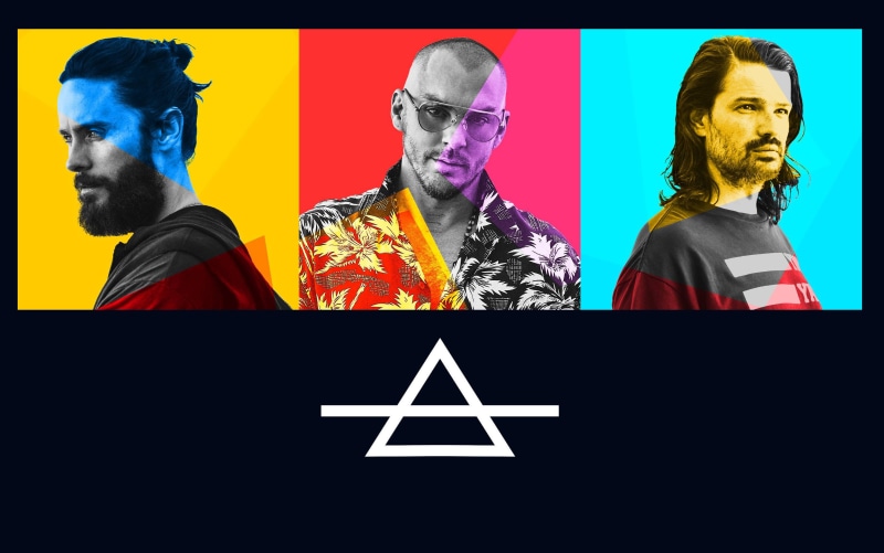 portrait, looking, human face, casual clothing, transfer print, 30 seconds to mars, adult, 2K, indoors, facial hair, multiple image, colorful, front view