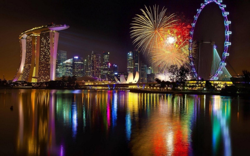 modern, illuminated, building exterior, event, firework display, cityscape, nightlife, 1080P, waterfront, city, no people, reflection, ferris wheel, Marina Bay