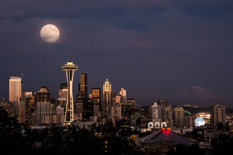 Great Wheel, photography, moonlight, skyline, downtown, urban Skyline, needle, super moon, night, night time, panoramic, Space Needle, seattle, 1080P