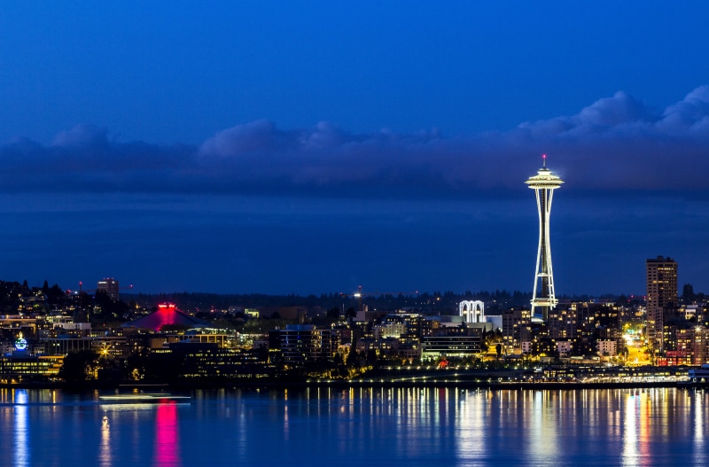 night, Space Needle, architecture, cityscape, Seattle, city, river, space, tower, urban Skyline, needle, needle tower, 4K, harbor, illuminated, dusk, urban Scene