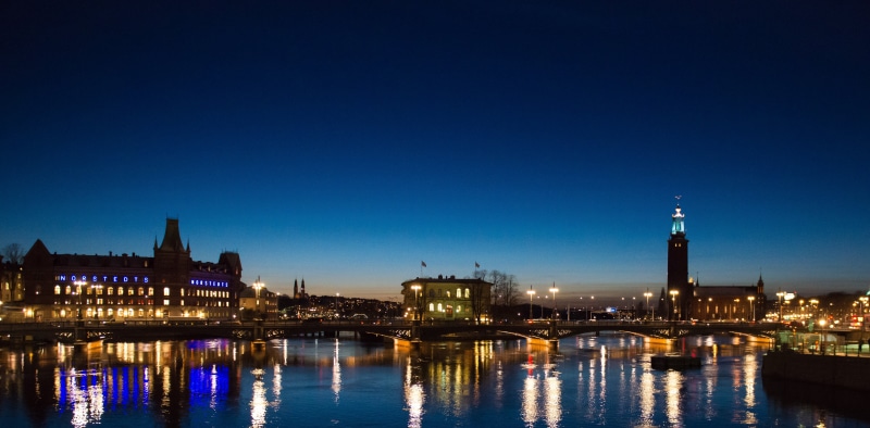 bridge - Man Made Structure, high-rise buildings, rise, Stockholm, water, high, architecture, europe, nighttime, body, dusk, cityscape, twilight, cityhall