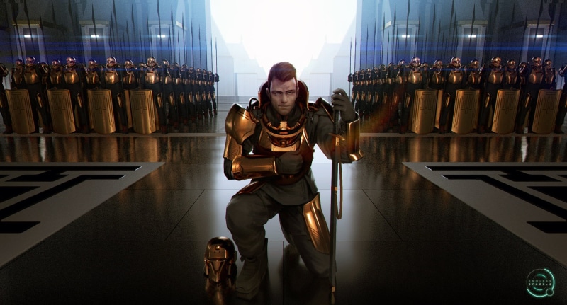 1080P, army, gold, video game art, digital art, shield, armor, spear, Aurelien Rantet, salute, science fiction, artwork, helmet, soldier, Endless Space 2