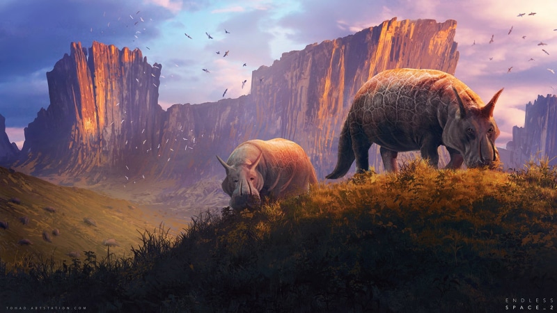 mountains, artwork, 1080P, Sylvain Sarrailh, grass, birds, creature, video game art, landscape, Endless Space 2, sky, digital art