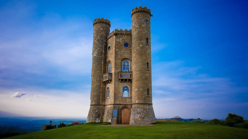 tower, Broadway Tower, hill, trees, landscape, 1080P, sky, UK, clouds, Worcestershire