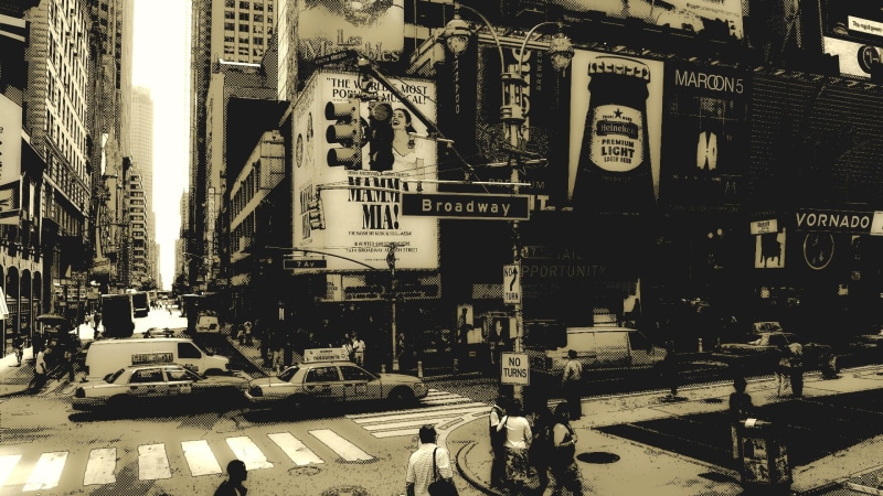 broadway, road, city street, crossing, real people, building exterior, mode of transportation, built structure, city life, cityscape, sephia, incidental people