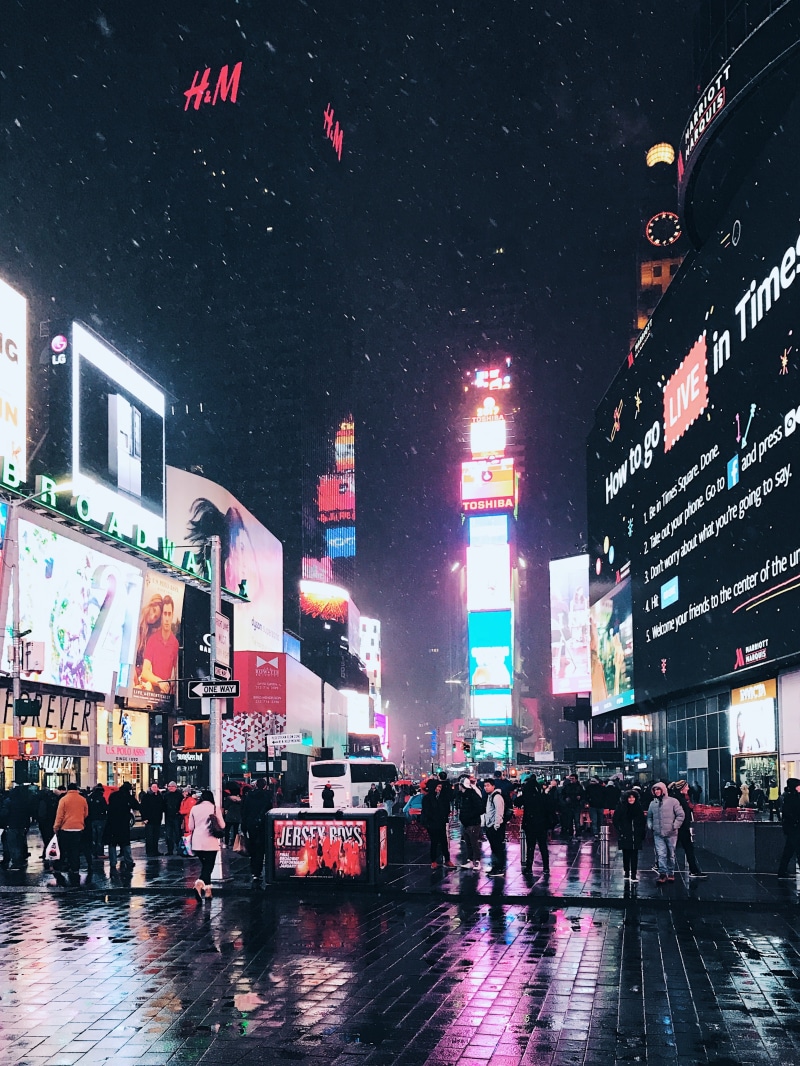 time square, built structure, united states, rain, nyc, crowd, night, snow, new york city, 4K, times sq - 42 st, city, communication, lights, architecture