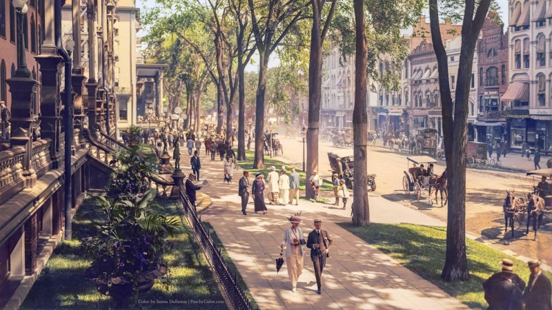 pedestrian, trees, 1080P, horse, building, historic, colorized photos, history, vintage, photo manipulation, cityscape, old car, Broadway, architecture