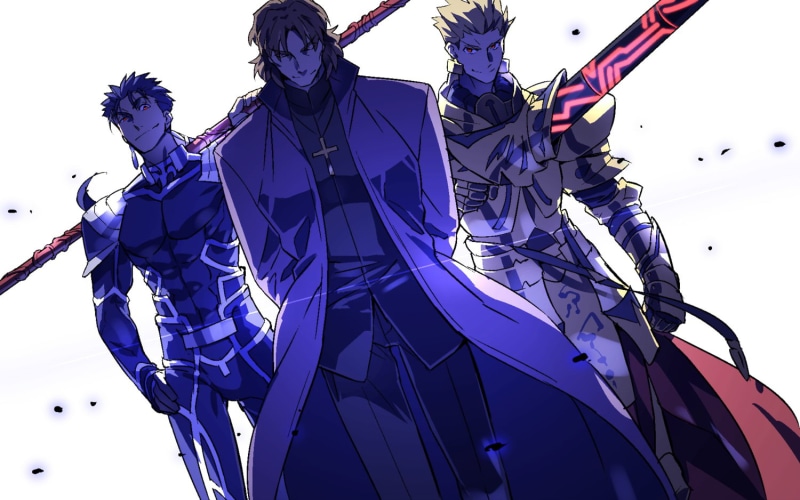 built structure, kotomine kirei, event, purple, celebration, real people, 720P, Lancer (Fate/Stay Night), leisure activity, blue, outdoors, directly below