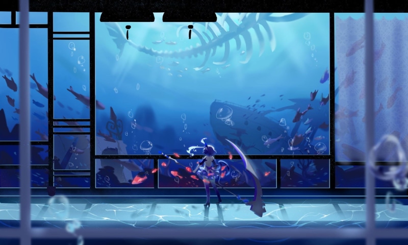 skeleton, Honkai Impact, blue hair, short hair, sea life, blue clothes, anime girls, 1080P, scythe, Honkai, Honkai Impact 3rd, Seele Vollerei