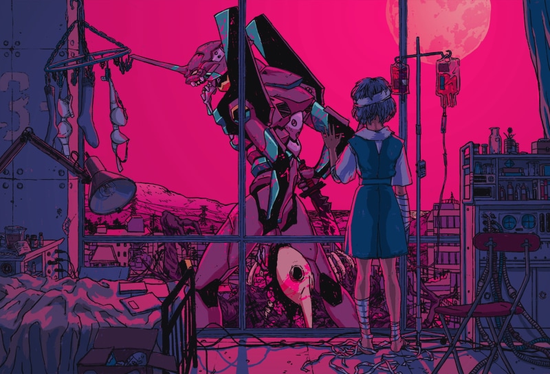 Neon Genesis Evangelion, EVA Unit 01, anime girls, thighs, mech, barefoot, short hair, fan art, Ayanami Rei, white panties, pink background, bandage, Sachiel (Evangelion)